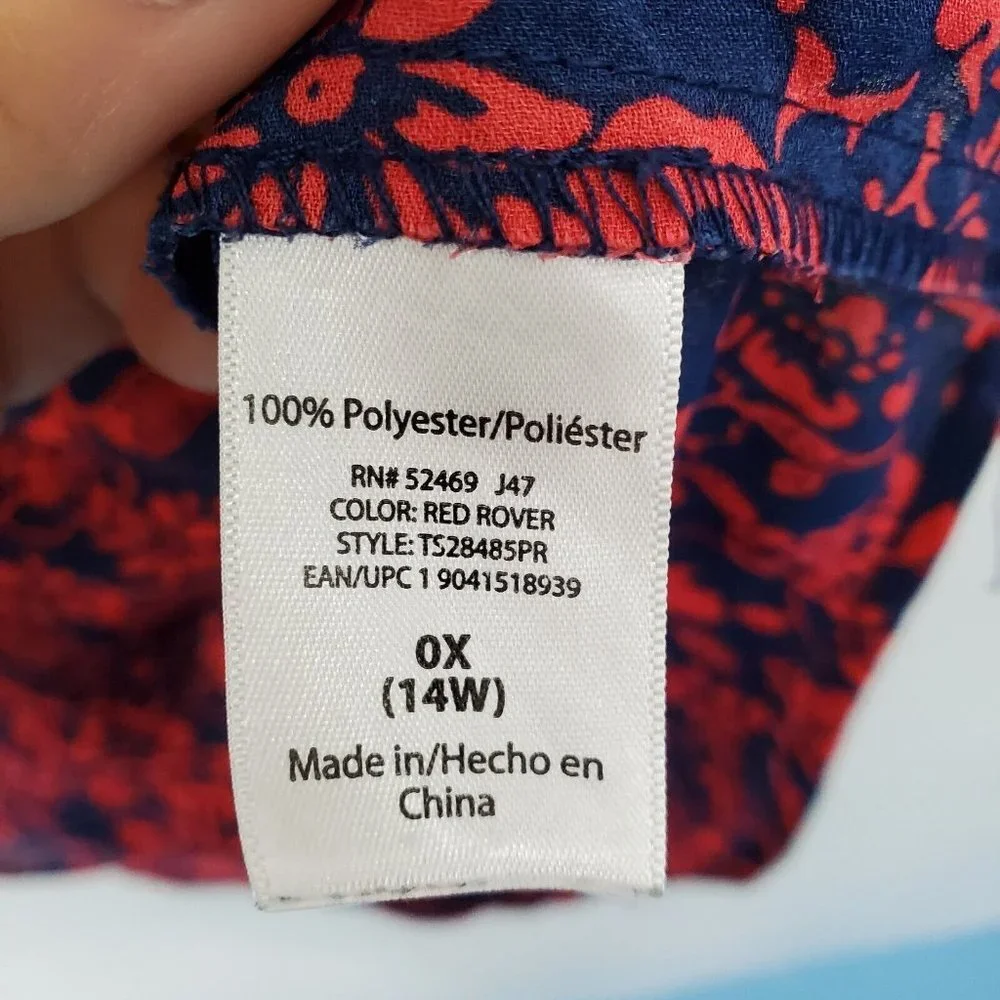 Terra & Sky Womens Sleeveless Floral High Low Blouse Top Size 0X Red Blue Ruffle